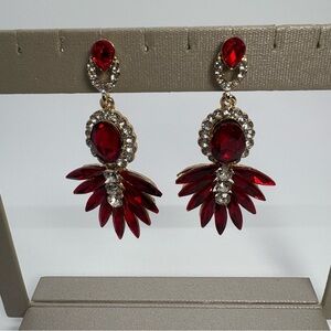 Long Red Crystal And Rhinestone Statement Chandelier Earrings